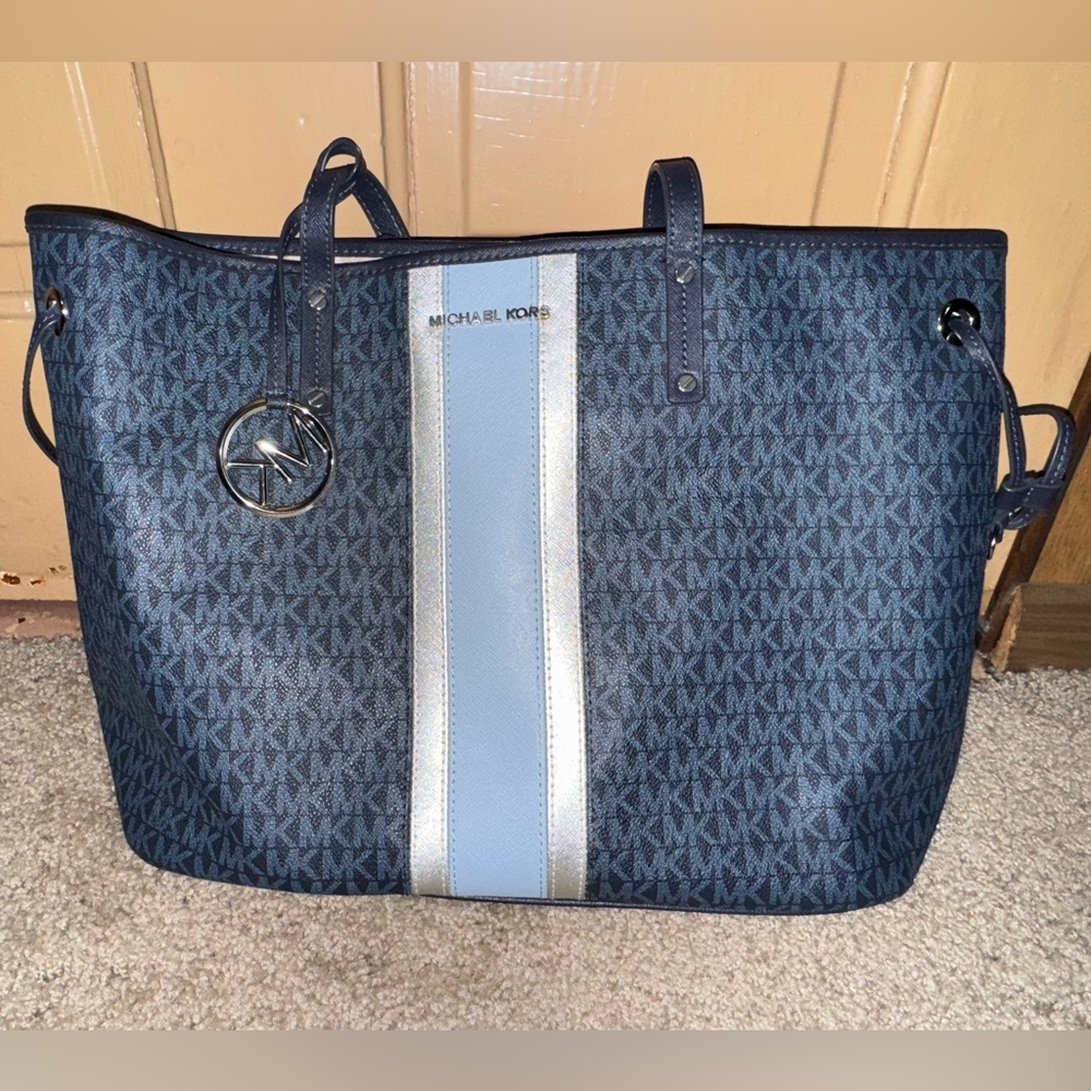 Navy, light blue, & Silver Jet Set Tote Bag